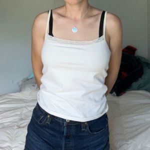 Cream White Cami Tank Top with Lace Trim